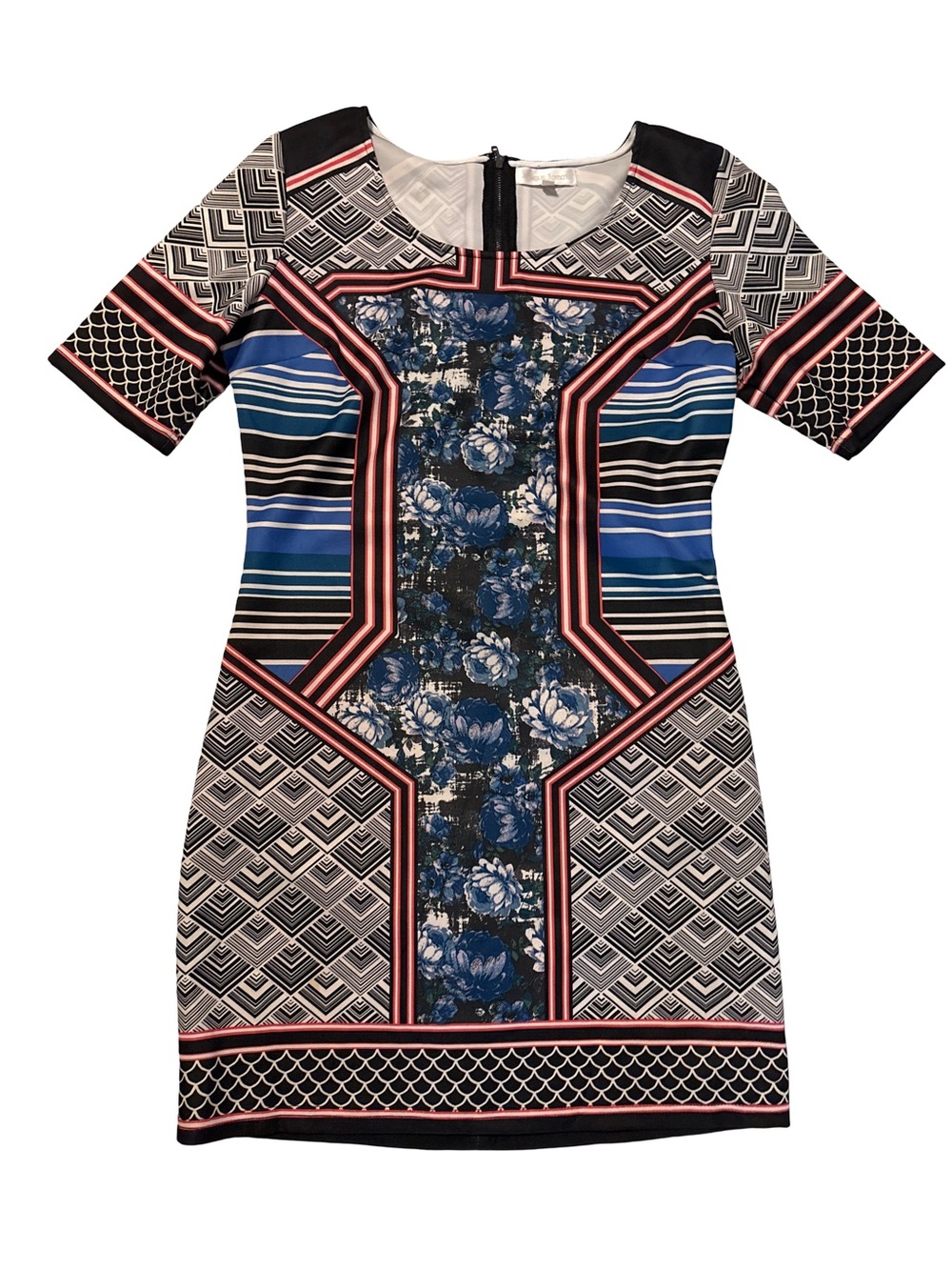Jealous Tomato Blue and Black Geometric Floral Sheath Dress